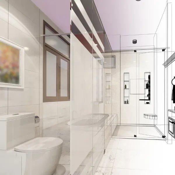 Plano y render de una reforma de baño